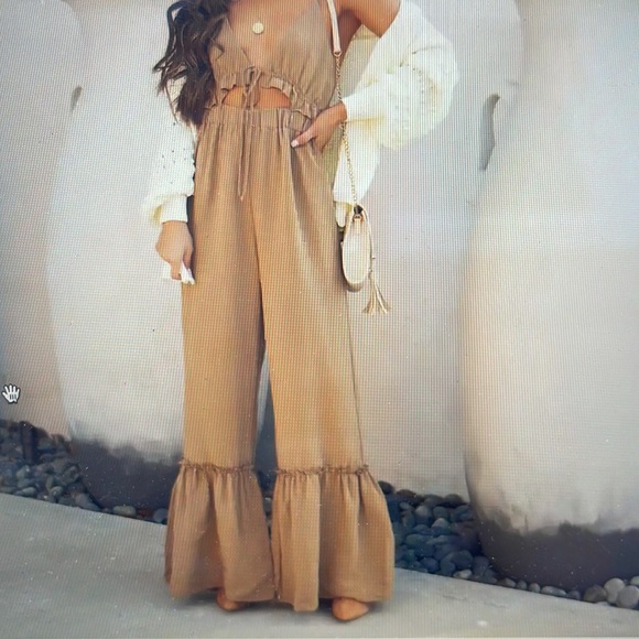 Vici Pants - Vici “Give a little cutout ruffle tie jumpsuit”